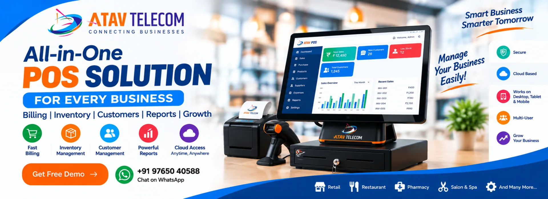 All-in-One POS Solution for every business — billing, inventory, customers, reports and growth. Fast billing, inventory, customers, reports and cloud access.