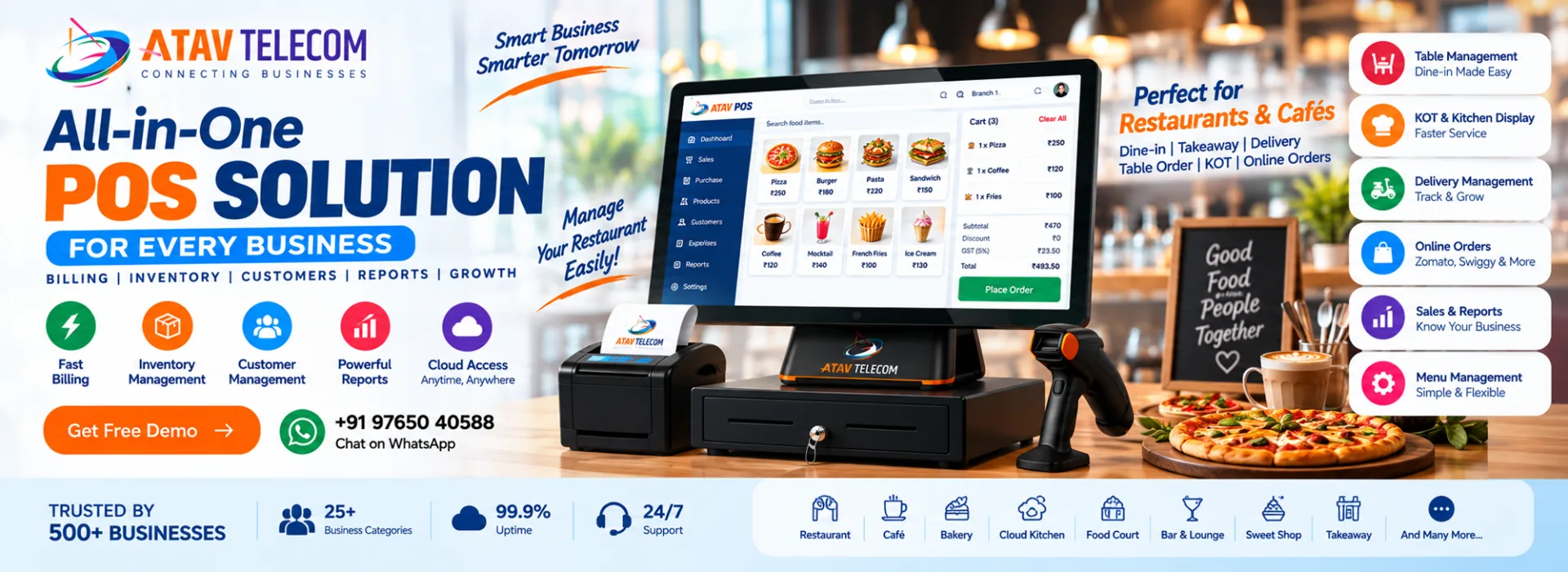 All-in-One POS for restaurants and cafés, trusted by 500+ businesses, 25+ categories, 99.9% uptime, 24/7 support.